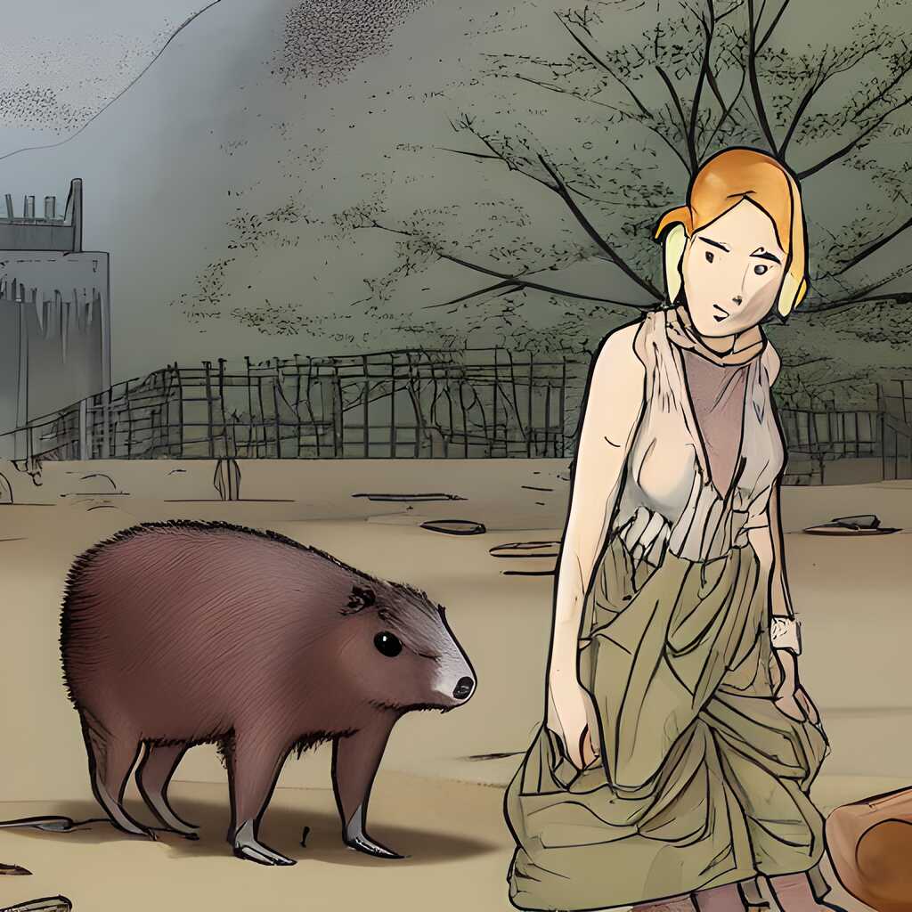 Assandra and Bandit the capybara walks in the city ruins