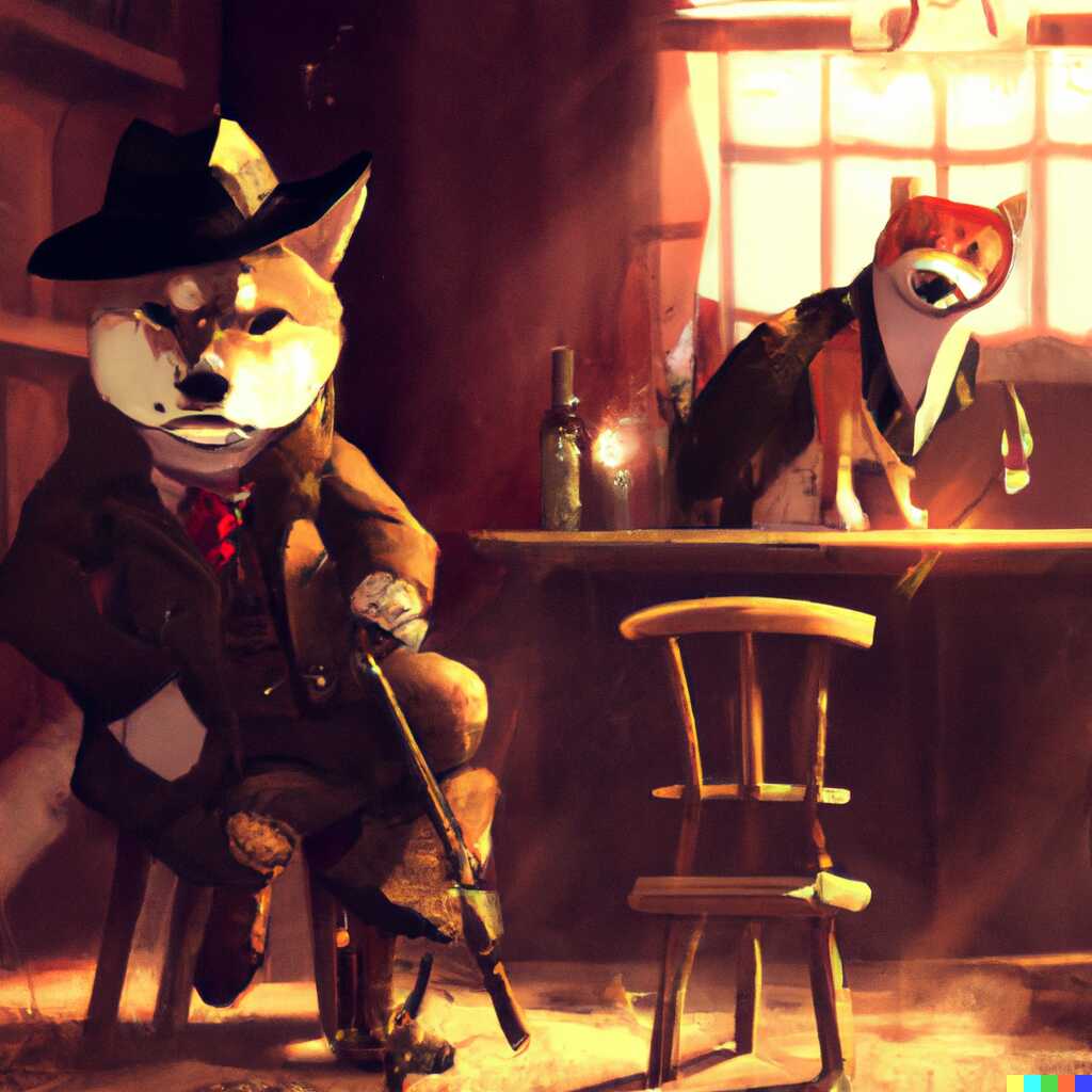 A dimly lit saloon with a cat or dog in a suit