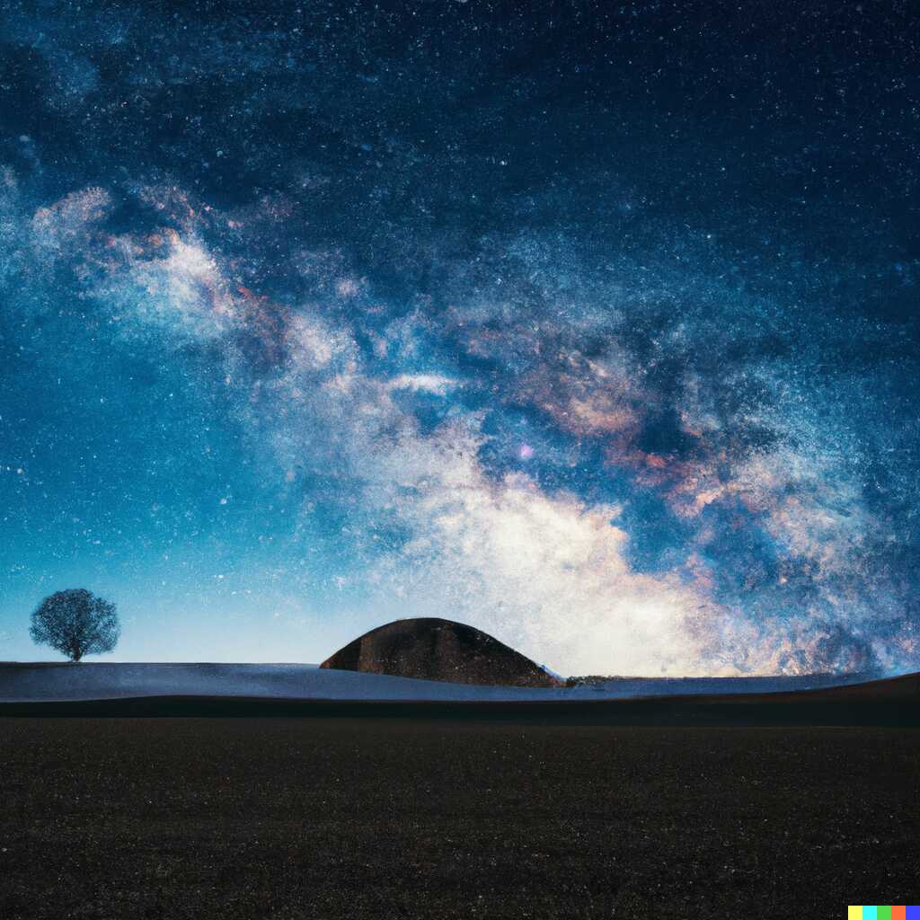 A desolate landscape with a single tree. The sky is full of stars